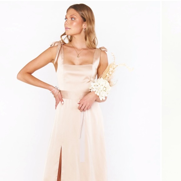 Show me you MUMU Claire Midi Dress In color Champagne Luxe Satin - Picture 2 of 4